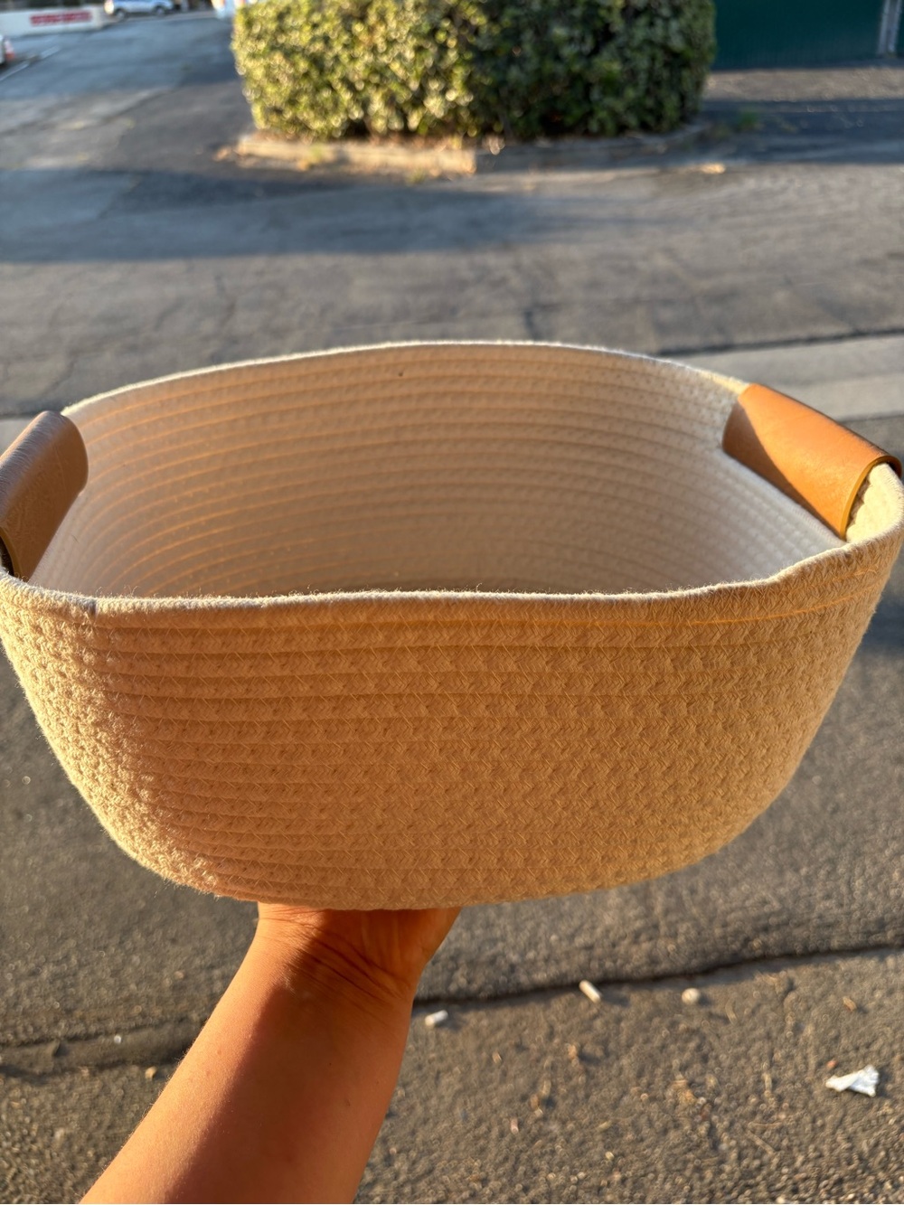 Neutral Woven Rope Basket with Leather Handles